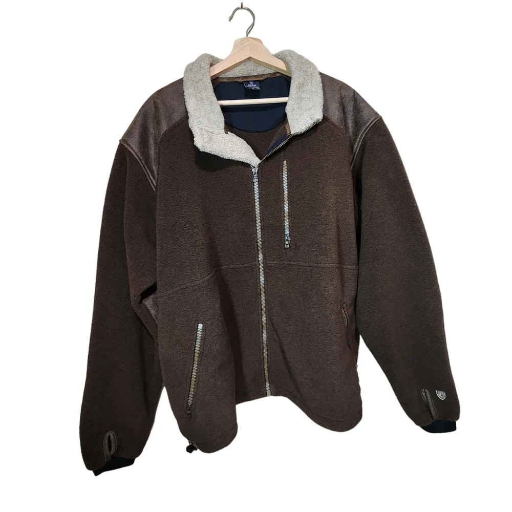 Kuhl Men's Alpenwurx Brown Full Zip Sherpa Collar Faux Leather Fleece Jacket XL - Picture 3 of 11